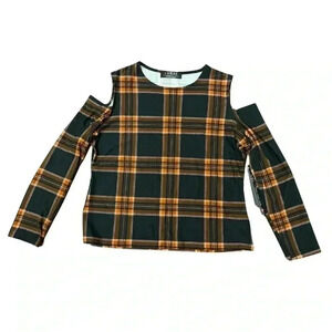 2/$12 HKR Collections Top Size XL Cold Shoulder Black & Rust Plaid Boutique Fall